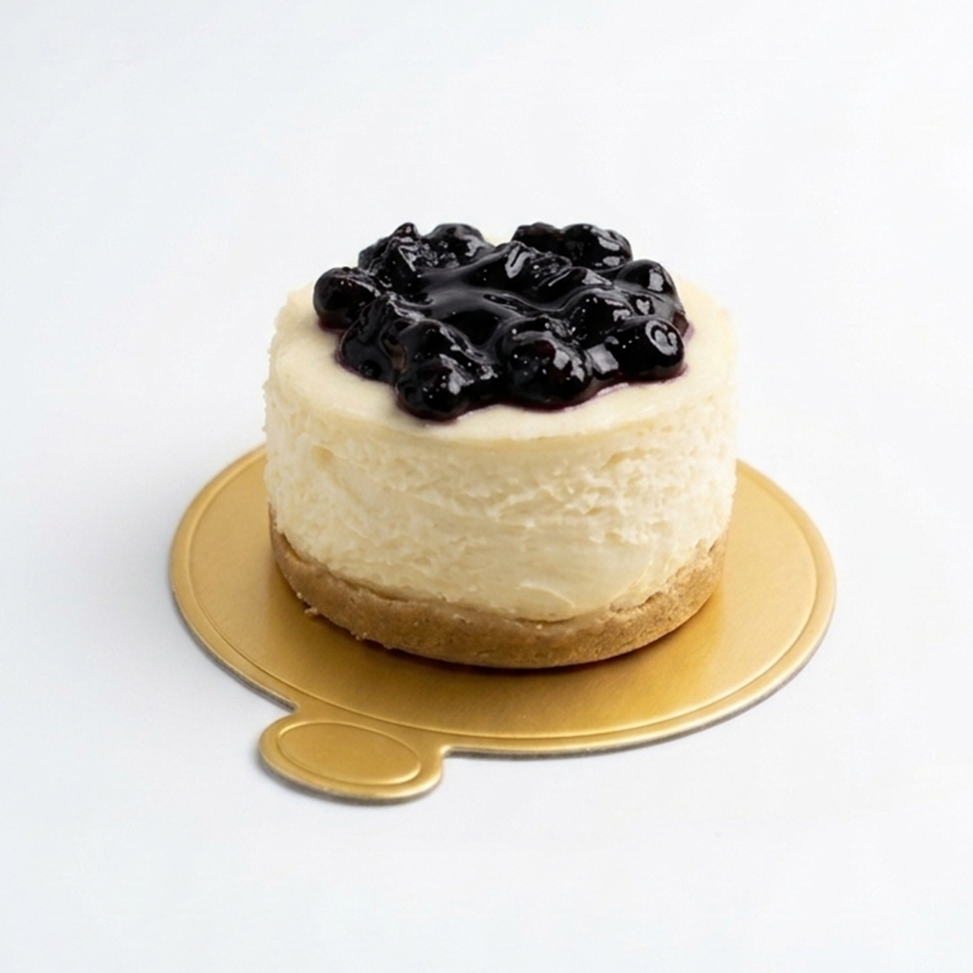 Mini Blueberry Cheesecake with fruit topping on a golden cake board