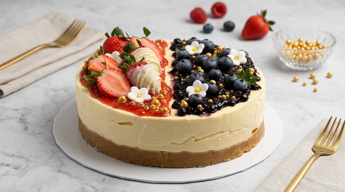 Cheesecake decorated with strawberries, blueberries, white flowers and golden details