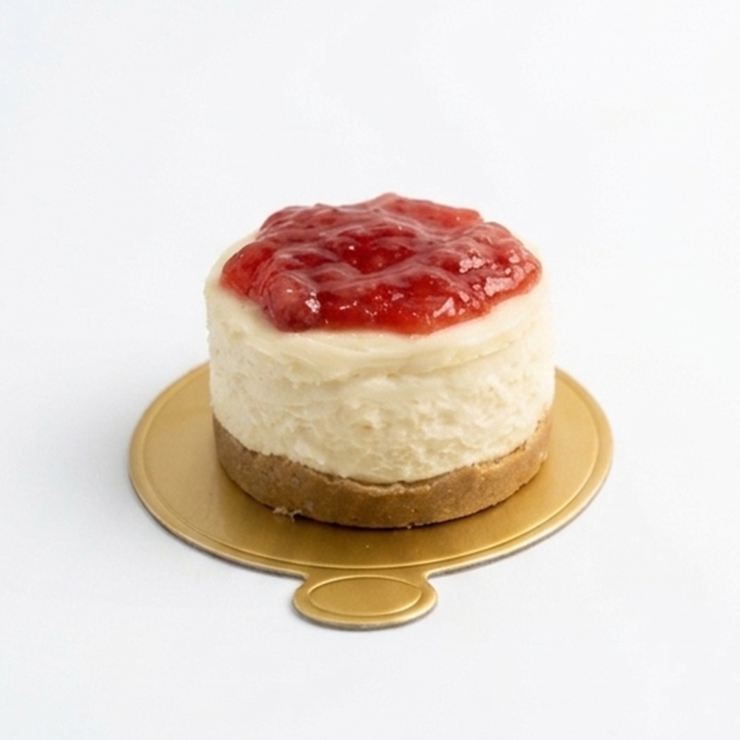Strawberry Cheesecake with fruit topping on a golden cake board